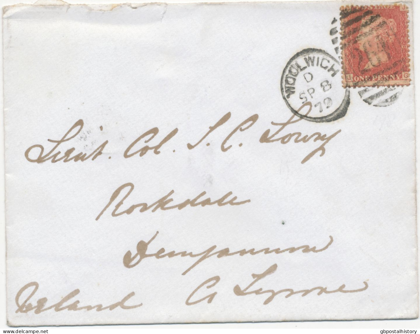 GB 1879 QV 1d Rose-red Pl.198 (JG) On Fine Cvr (small Faults) With Barred Duplex-cancel "WOOLWICH / 264" (Woolwich, Kent - Cartas & Documentos