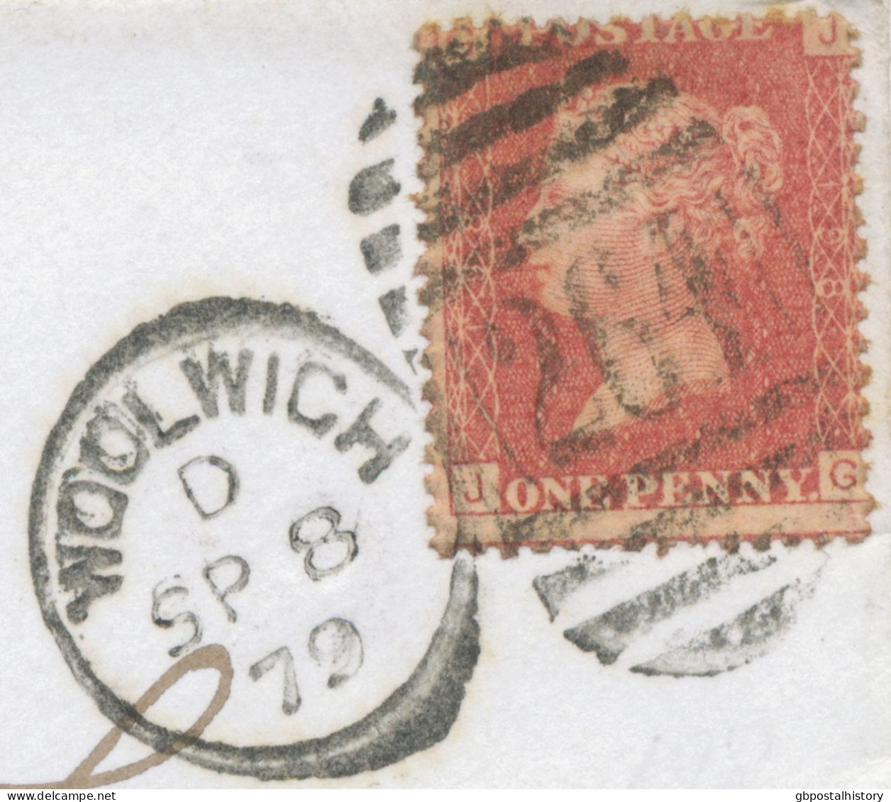 GB 1879 QV 1d Rose-red Pl.198 (JG) On Fine Cvr (small Faults) With Barred Duplex-cancel "WOOLWICH / 264" (Woolwich, Kent - Storia Postale