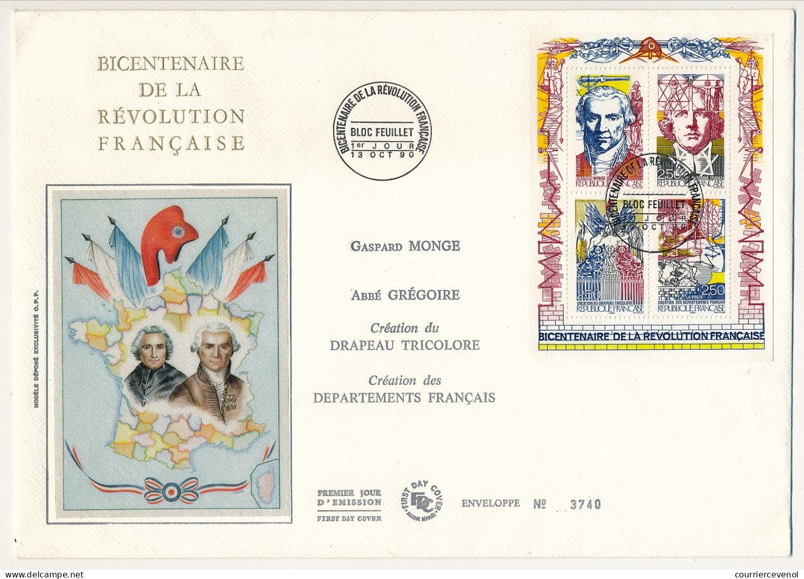 Grande Env. Bicentenaire Révolution Française - Bloc Feuillet Monge, Abbé Grégoire, Drapeau Tricolore, Départements FDC - 1990-1999