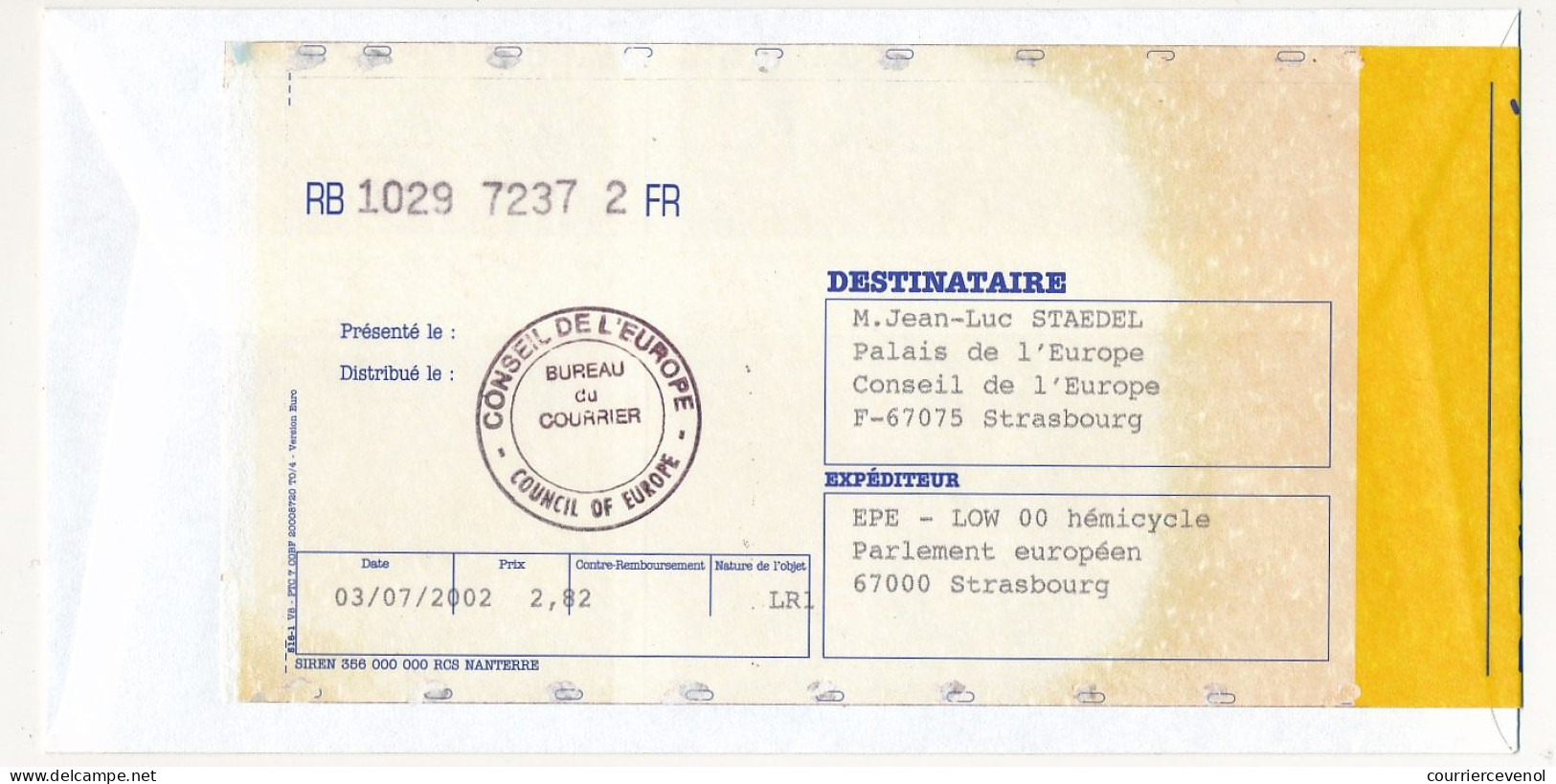 Grand Env Affr 0,46E Collioure X3 + étiquette Parlement Européen Strasbourg - Obl Session Parlement Européen 3/7/2002 - Sonstige & Ohne Zuordnung