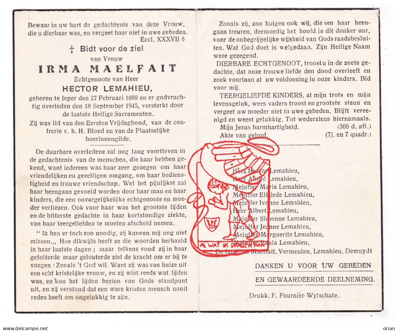 DP Irma Maelfait ° Ieper 1888 † 1945 X Hector Lemahieu / Vermeulen Demuydt - Devotieprenten