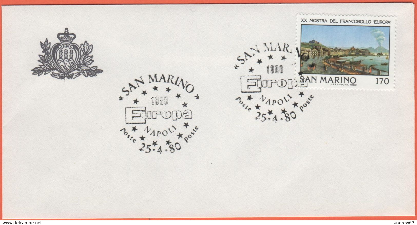 SAN MARINO - 1980 - 170 20ª Mostra Del Francobollo Europa + Annullo Europa '80 Napoli - Ufficio Filatelico Di Stato - Storia Postale