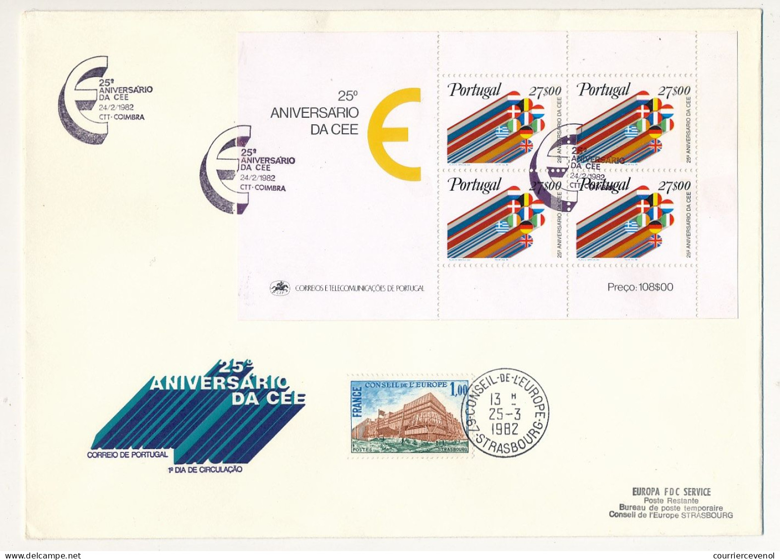 PORTUGAL - Grande Env 25eme Anniversaire De La CEE - Premier Jour 24/2/1982 + 1,00 Conseil De L'Europe Strasbourg - Cartas & Documentos