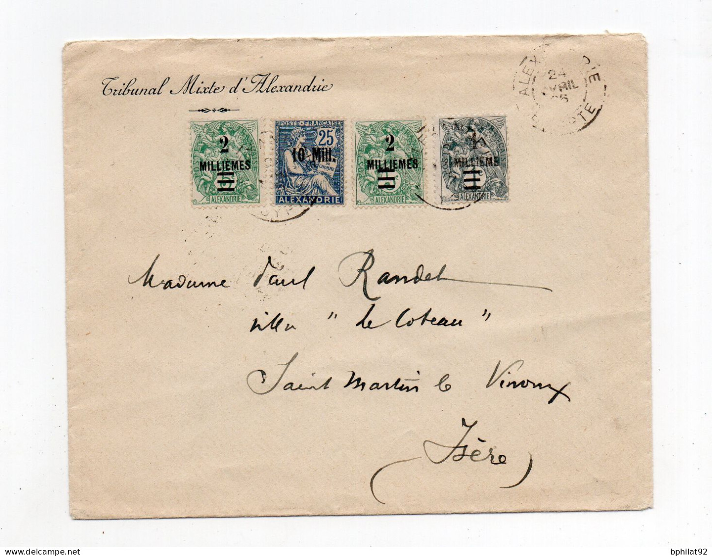 !!! LETTRE D'ALEXANDRIE DE 1926 POUR L'ISERE, AFFRANCH TYPES BLANC + MOUCHON - Briefe U. Dokumente