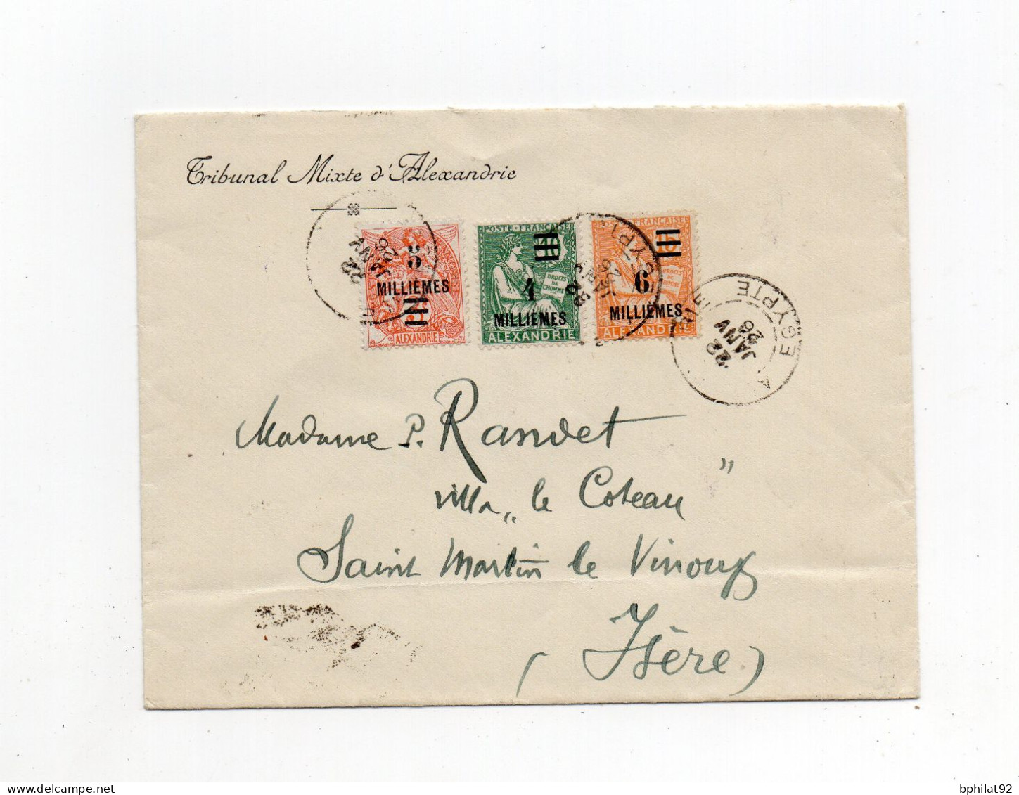 !!! LETTRE D'ALEXANDRIE DE 1926 POUR L'ISERE, AFFRANCH TYPES BLANC + MOUCHON - Storia Postale