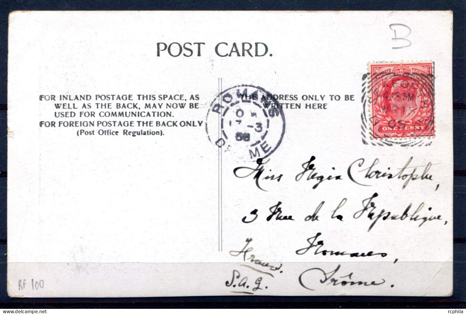 RC 25238 GRANDE BRETAGNE SQUARED CIRCLE " SEAFORTH / LIVERPOOL " MR 15 1905 POSTMARK ON POST CARD TO FRANCE VF - Postmark Collection