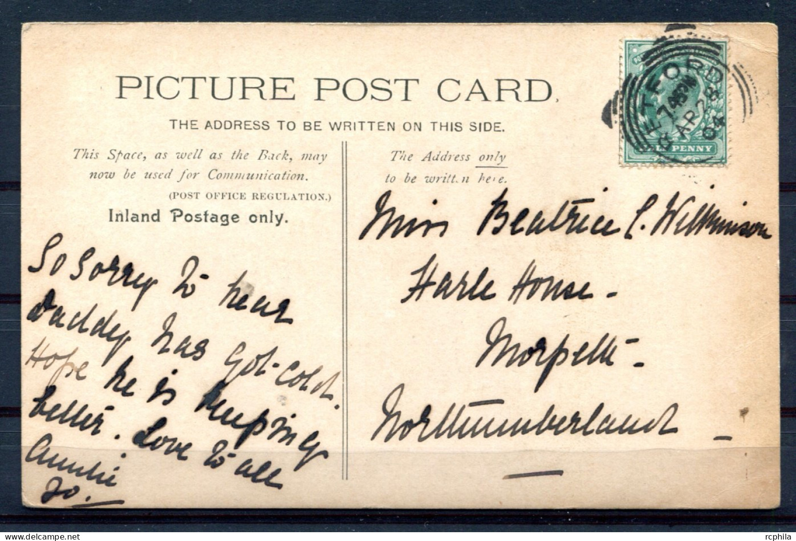 RC 25241 GRANDE BRETAGNE SQUARED CIRCLE " BETFORD " AP 28 1904 POSTMARK ON POST CARD TO GB VF - Postmark Collection