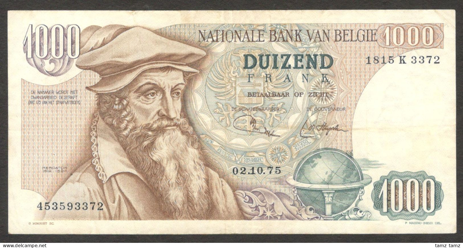Belgia Belgium Belgique 1000 1,000 Francs Frank 1975 VF S/N 1815 K 3372 - 1000 Francs