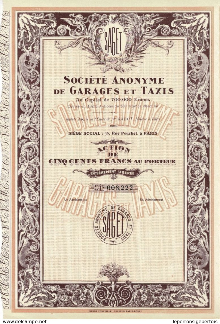 Titre Ancien - Société Anonyme De Garages Et Taxis - Belle Présentation - - Automovilismo