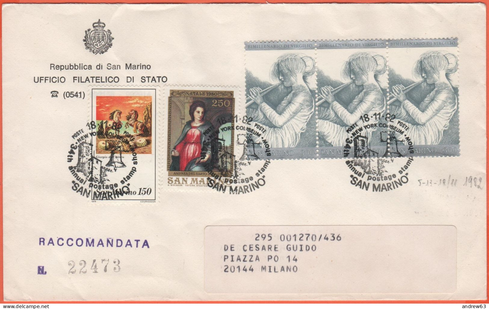 SAN MARINO - 1980 - 150 Anniversario Della Morte Di Giorgio De Chirico + 250 Natale-Andrea Del Sarto + 3 X 300 Bimillena - Storia Postale