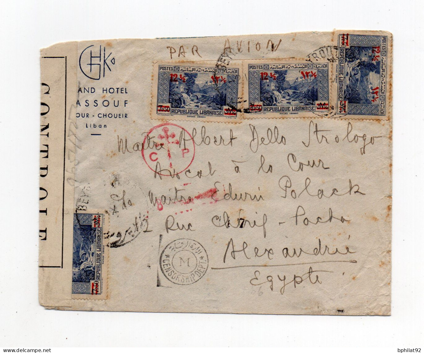 !!! GRAND LIBAN, LETTRE PAR AVION DE BEYROUTH POUR ALEXANDRIE DE 1944 AVEC CENSURE FRANCE LIBRE - Cartas & Documentos