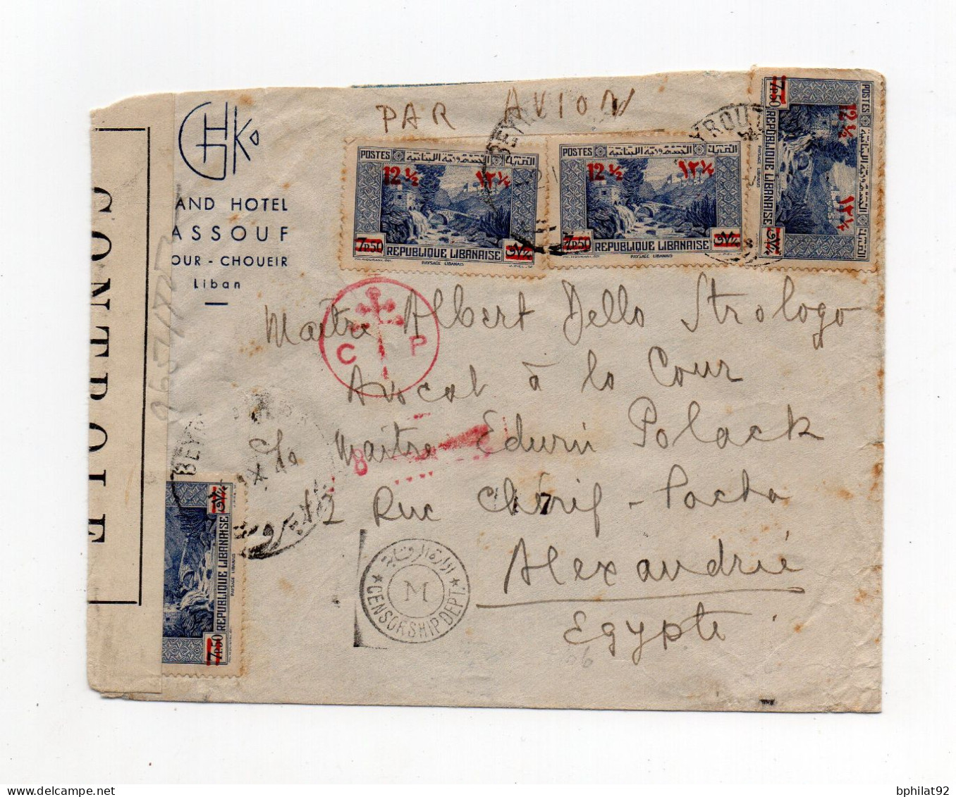 !!! GRAND LIBAN, LETTRE PAR AVION DE BEYROUTH POUR ALEXANDRIE DE 1944 AVEC CENSURE FRANCE LIBRE - Lettres & Documents