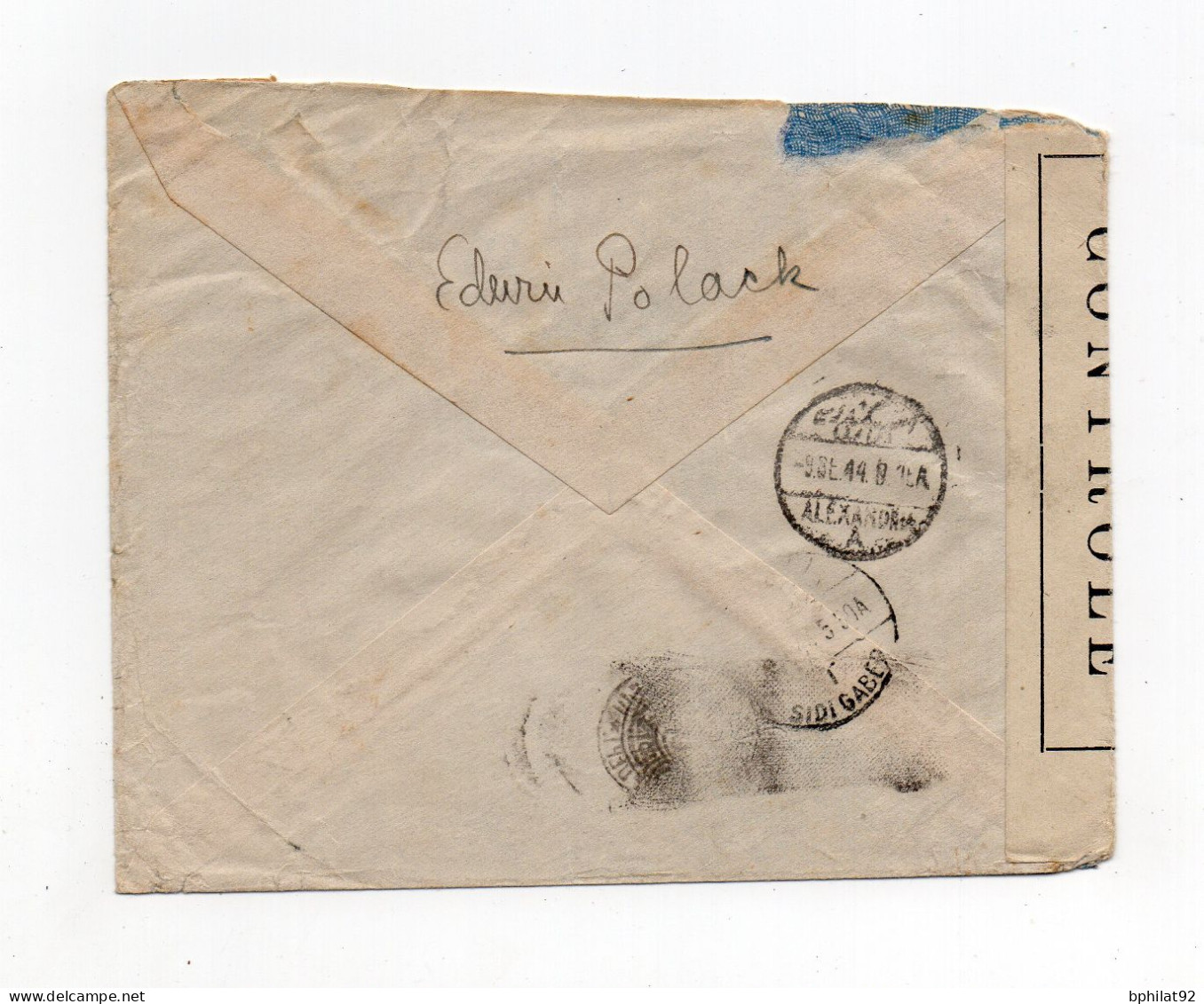 !!! GRAND LIBAN, LETTRE PAR AVION DE BEYROUTH POUR ALEXANDRIE DE 1944 AVEC CENSURE FRANCE LIBRE - Storia Postale