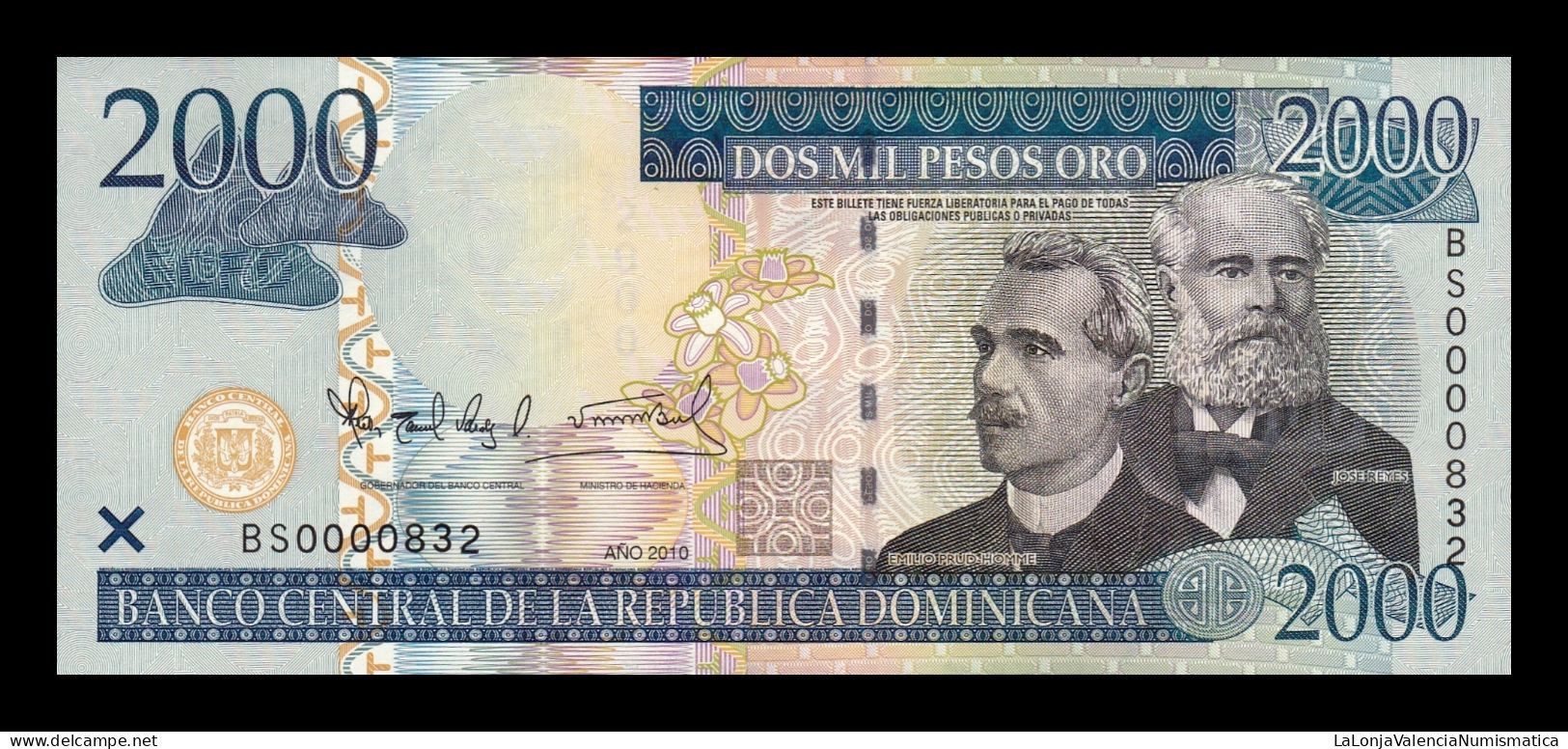 República Dominicana 2000 Pesos Oro 2010 Pick 181c Low Serial 832 Sc Unc - Dominicana