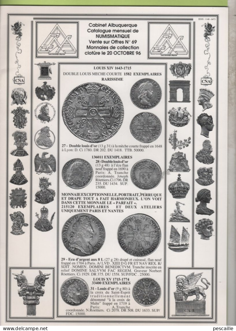 CABINET ALBUQUERQUE CATALOGUE MENSUEL DE NUMISMATIQUE OCTOBRE 1996 - 23 PAGES + COUVERTURE GLACEE / 21 X 29.7 CM - French