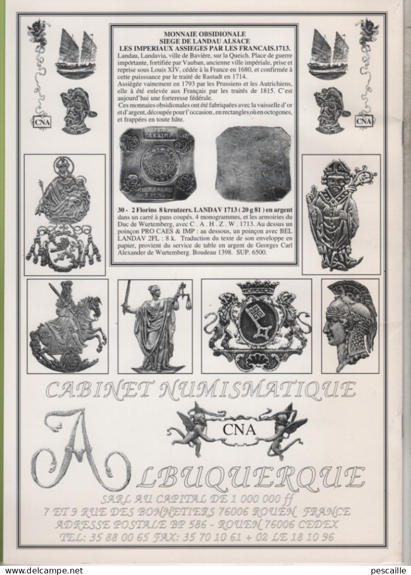 CABINET ALBUQUERQUE CATALOGUE MENSUEL DE NUMISMATIQUE OCTOBRE 1996 - 23 PAGES + COUVERTURE GLACEE / 21 X 29.7 CM - Francese
