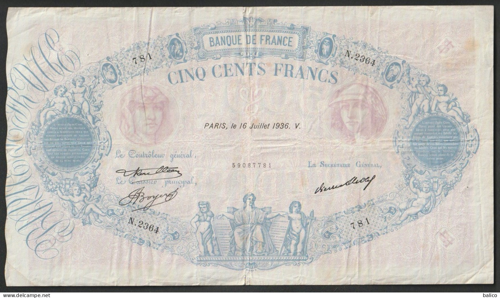 France, 500 Francs, ''Bleu Et Rose'', 16 Juillet 1936 - N.2364 - 781 - TTB - 500 F 1888-1940 ''Bleu Et Rose''