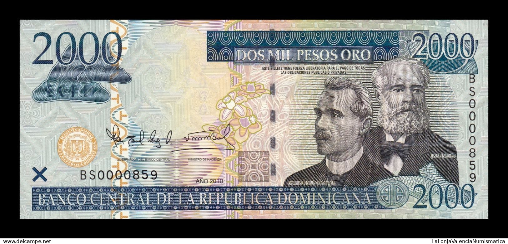 República Dominicana 2000 Pesos Oro 2010 Pick 181c Low Serial 859 Sc Unc - Dominicaine