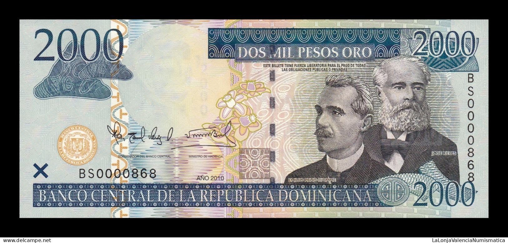 República Dominicana 2000 Pesos Oro 2010 Pick 181c Low Serial 868 Sc Unc - Dominicaine