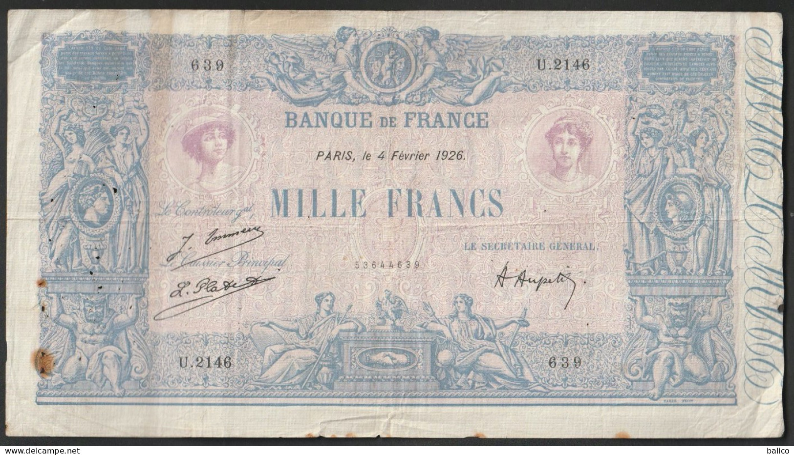 France, 1000 Francs, ''Bleu Et Rose'', 4 Février 1926 - U.2146 - 639 - 1 000 F 1889-1926 ''Bleu Et Rose''