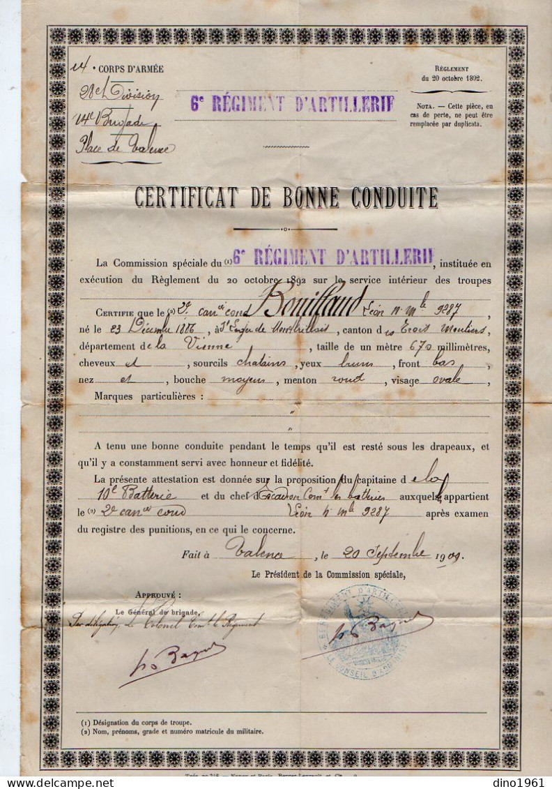 VP22.044 - VALENCE 1909 - Certificat De Bonne Conduite - Soldat Léon BOUILLAUD - 6 ème Régiment D'Artillerie - Documents