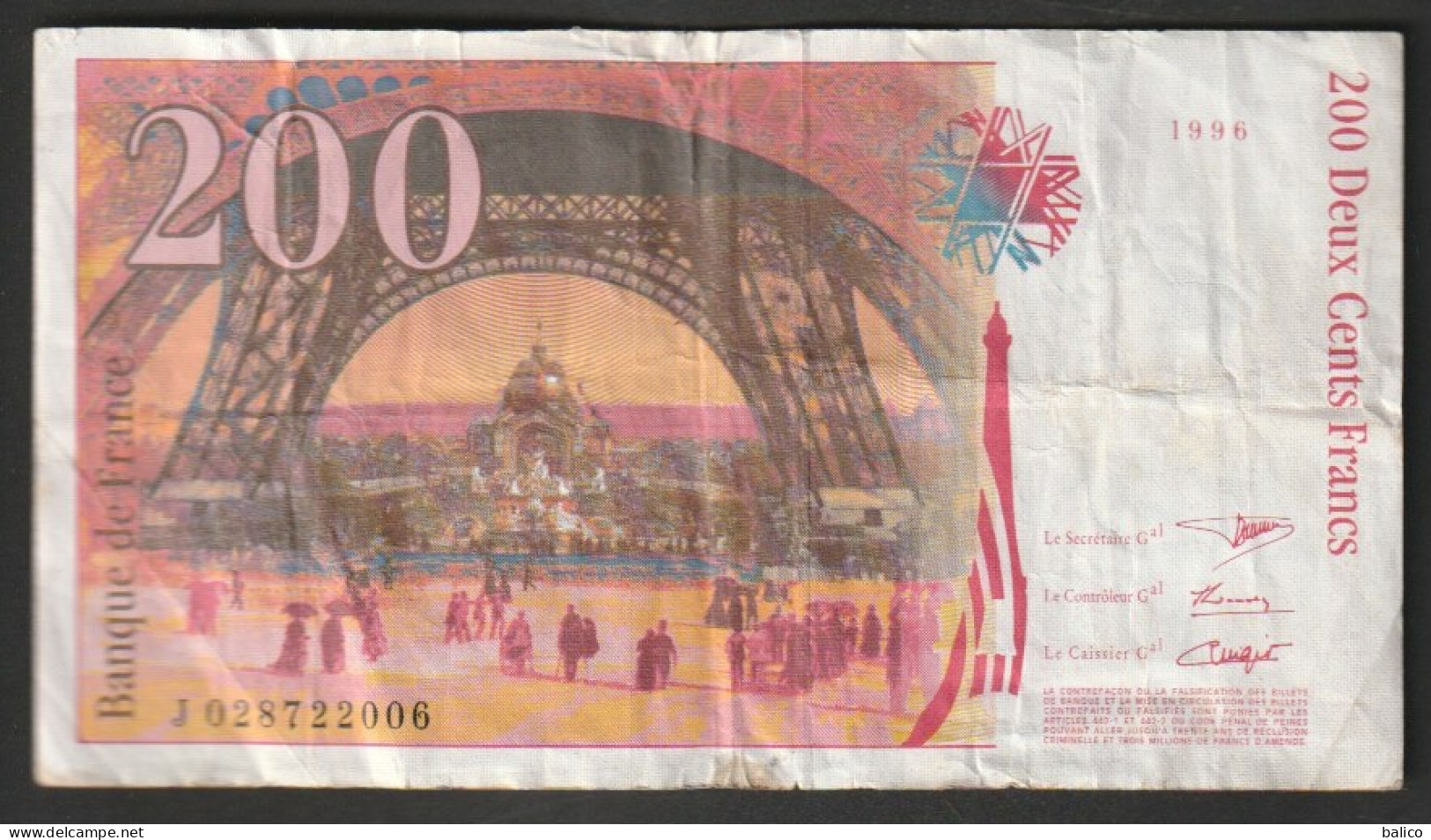 200 Francs - Gustave Eiffel -  N°  - J028722006  Année 1996 - 200 F 1995-1999 ''Eiffel''