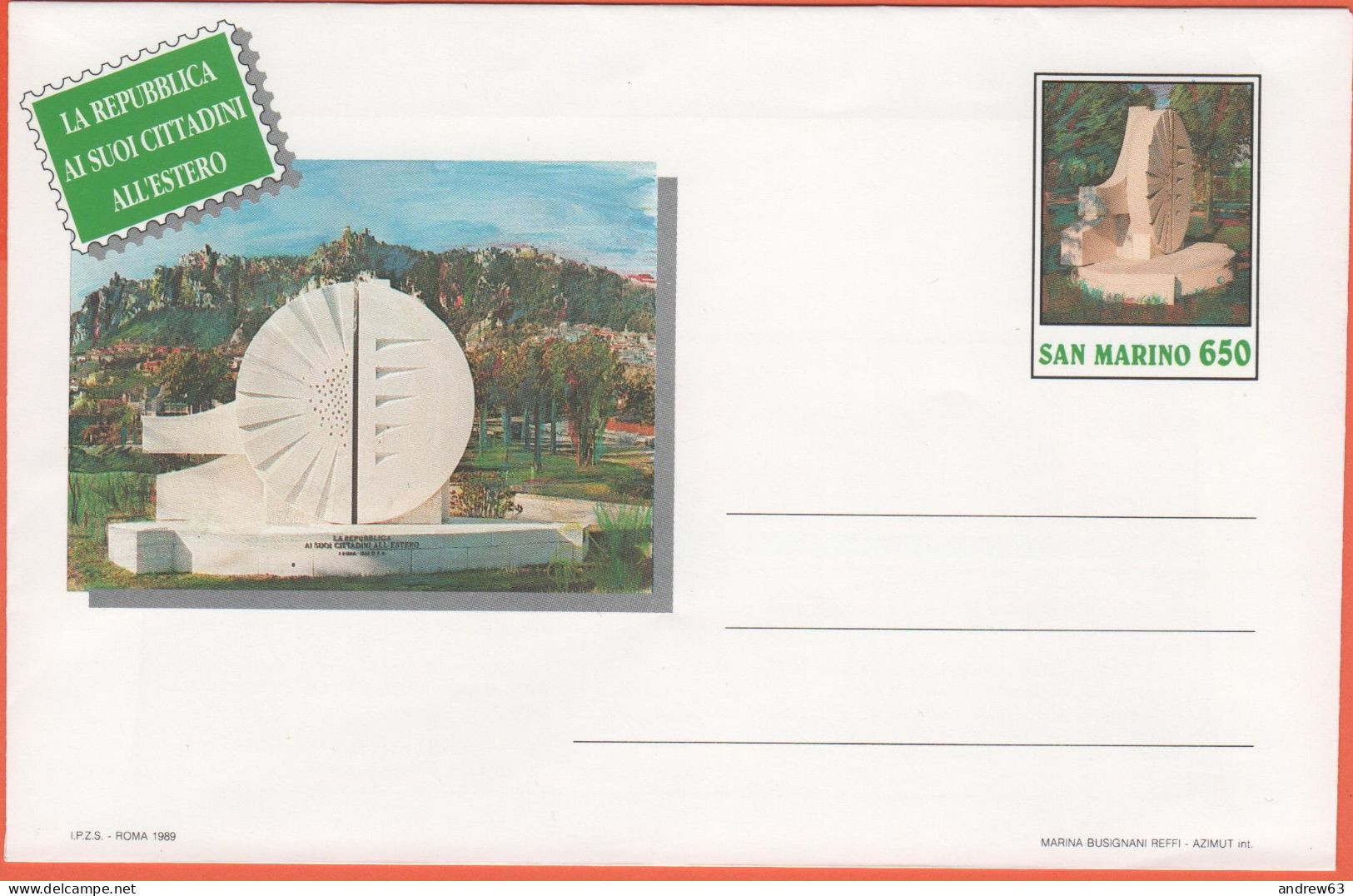 SAN MARINO - 1989 - BU4 Sammarinesi All'estero - Busta Postale - Intero Postale - NUOVO - Entiers Postaux