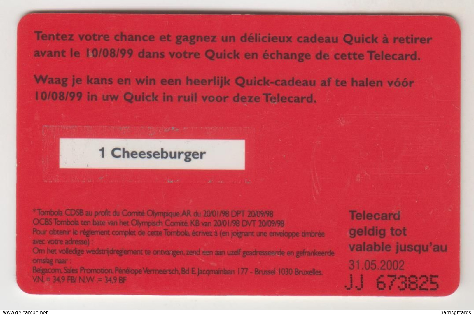 BELGIUM - Quick, CN:JJ+6 Digits, Prize: 1 Cheeseburger, 200 BEF, Tirage 90.000, Used - Con Chip