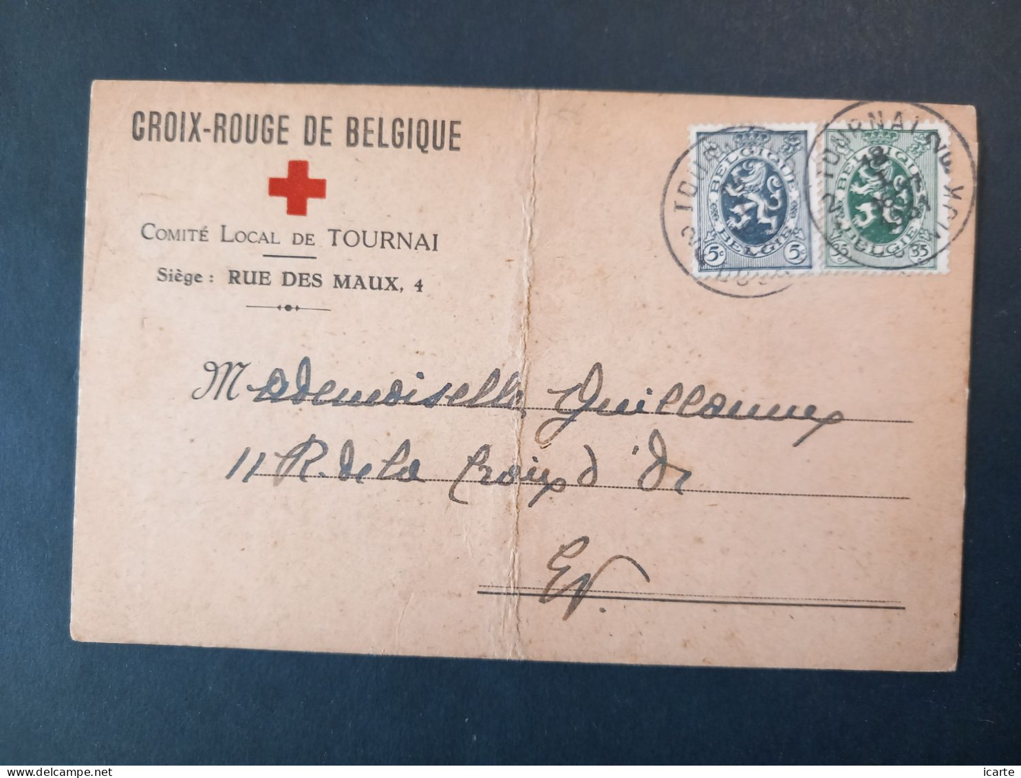 Carte CROIX-ROUGE DE BELGIQUE Comité De TOURNAI Service Ambulance 1921 - Doornik