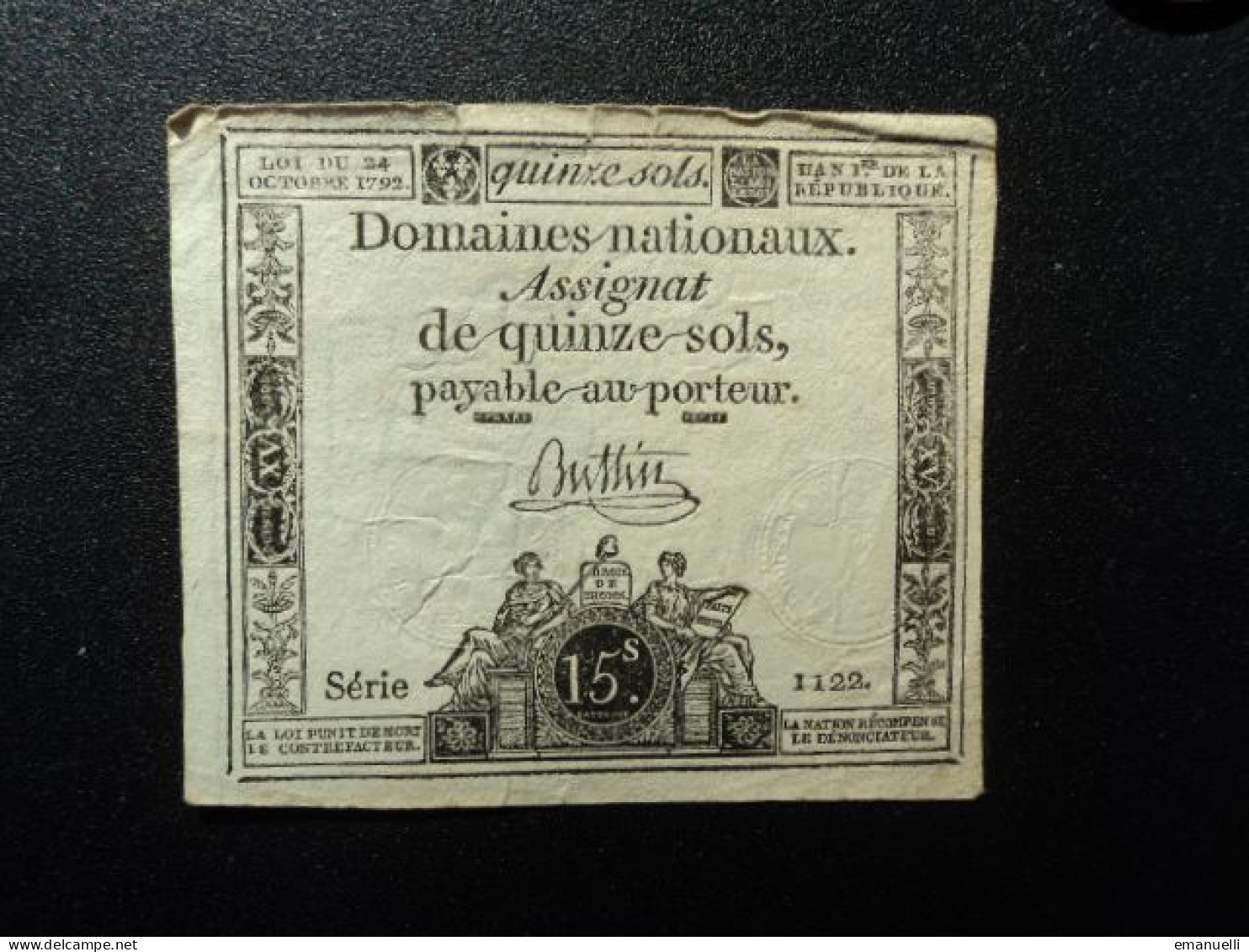 FRANCE : ASSIGNAT DE QUINZE SOLS DES DOMAINES NATIONAUX Loi 24.10.1792  P A65 *  TTB ** - Assignats