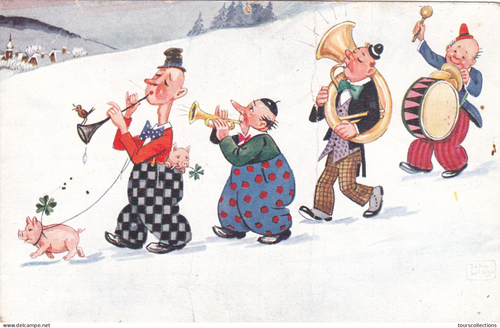 CPA Illustrateur WILLS John - CLOWNS MUSICIENS Cochons Trèfles à 4 Feuilles Porte Bonheur - Wills, John