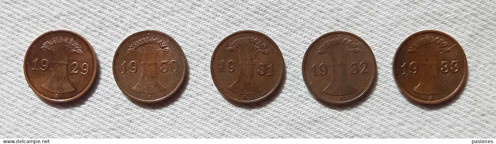 Germania Weimar  1 Reichspfennig 1929A-1930A-1931A-1932A-933A  Lotto Di 5 Monete - 1 Renten- & 1 Reichspfennig