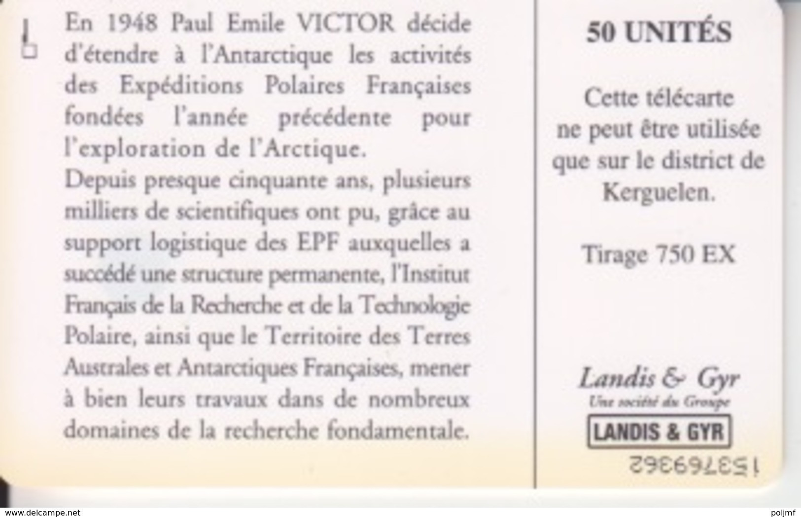 Télécarte 50U, Tirage 750, Paul Emile Victor En Antarctique (Manchots, Base DDU, ...) - TAAF - Franse Zuidpoolgewesten