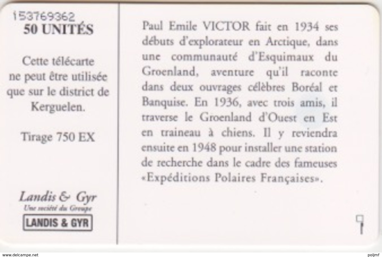 Télécarte 50U, Tirage 750, Paul Emile Victor En Arctique (Chiens, Traineau, ...) - TAAF - Franse Zuidpoolgewesten