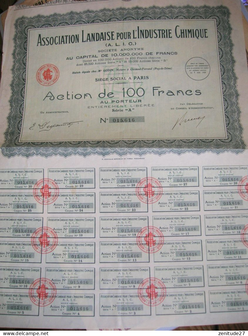 Action De 100 Francs Au Porteur émise Par L'Association Landaise Pour L'Industrie Chimique - A - C