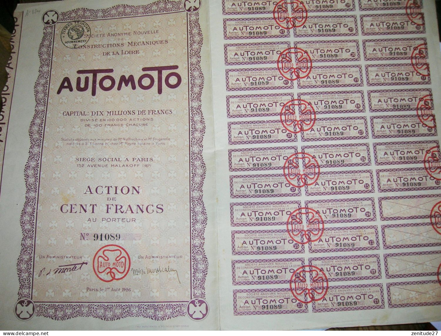 Action De 100 Francs Au Porteur émise Par La S.A. Constructions Mécaniques De La Loire - Automoto - 1926 - A - C