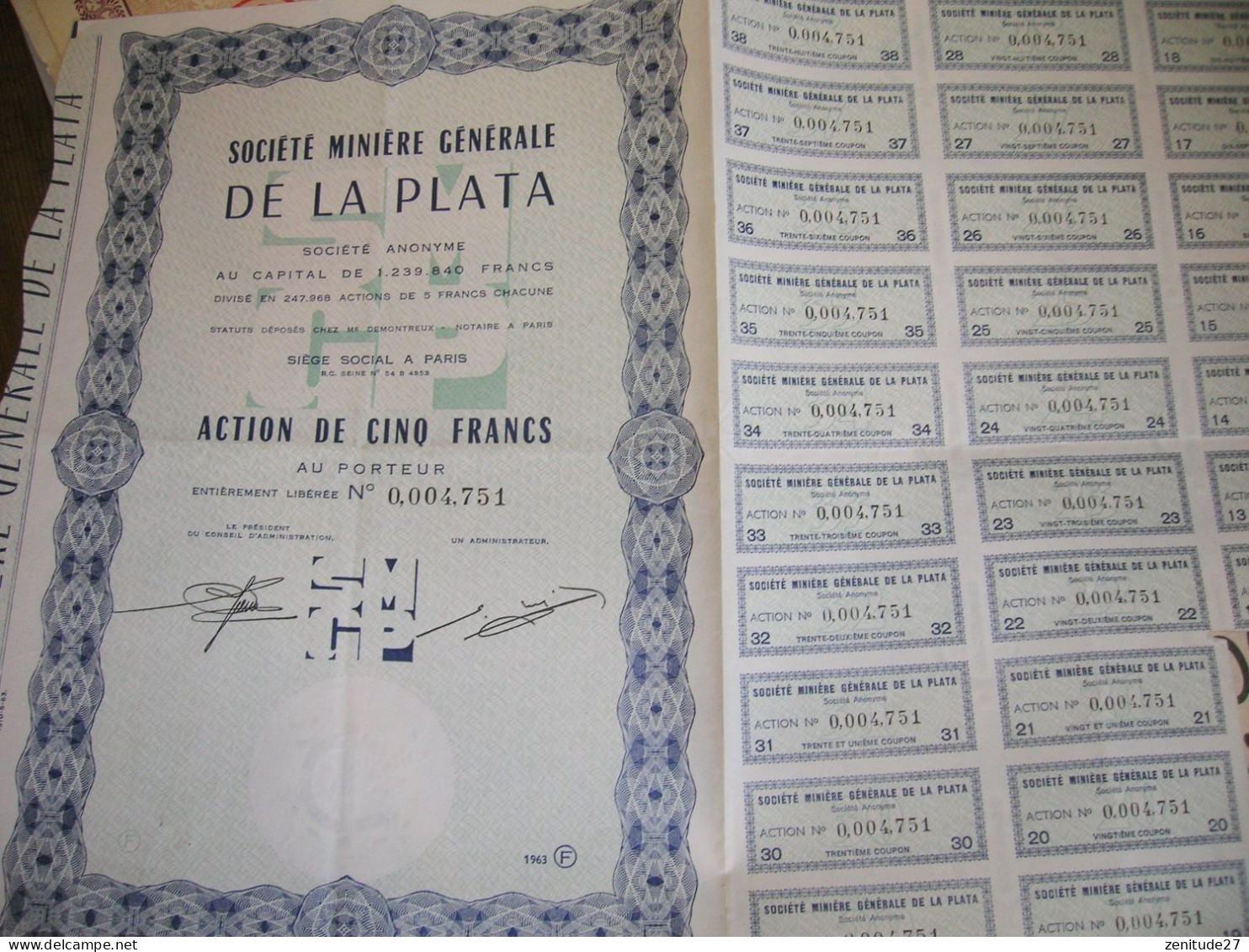 Action De 5 Francs Au Porteur émise Par La Société Minière Générale De La Plata - 1963 - S - V