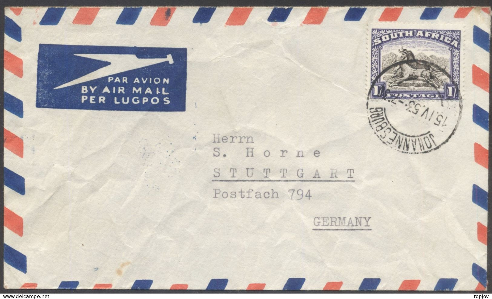 SOUTH AFRICA  RSA - JOHANNESBURG To GERMANY AIRMAIL - ANIMALS - 1953 - Luftpost