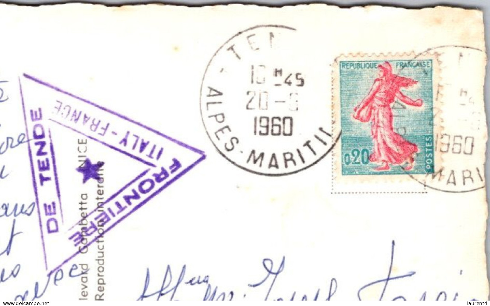 (1 Q 16) France - Tende (Italy - France Border Town) SPECIAL Purple Triangle Shape Postmark - Posted 1960 - Douane