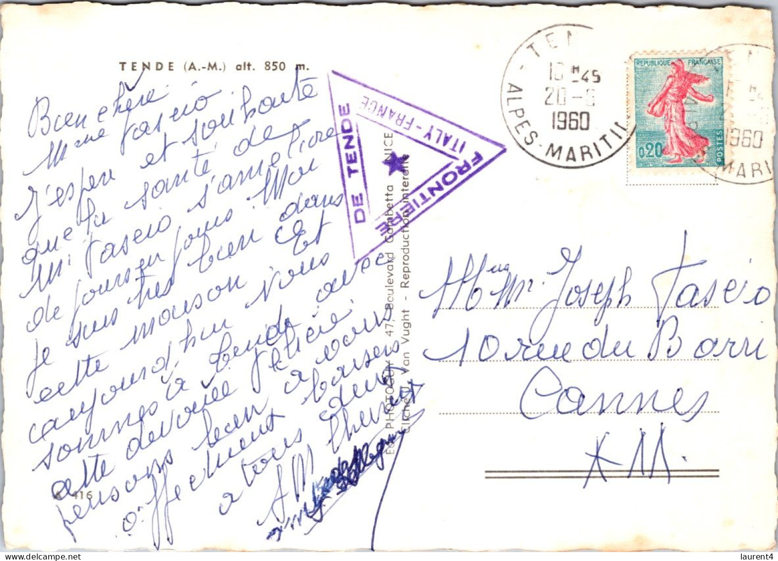 (1 Q 16) France - Tende (Italy - France Border Town) SPECIAL Purple Triangle Shape Postmark - Posted 1960 - Douane