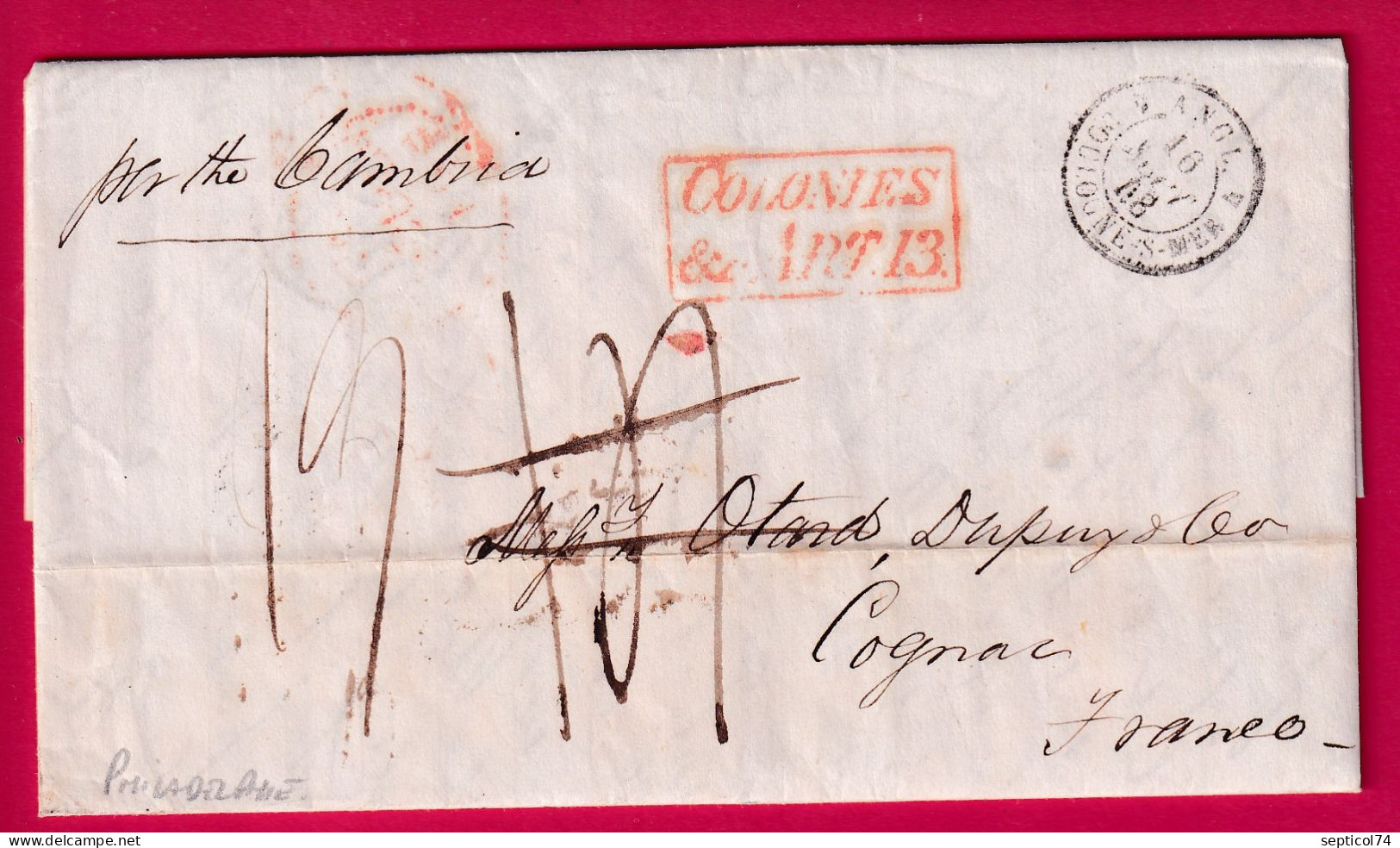 LETTRE DE PHILADELPHIE USA COLONIES ART 13 VOIE ANGLAISE TAXE 14 MODIFIEE A 19 VAPEUR CAMBRIA 1848 POUR COGNAC LETTRE - …-1845 Prephilately