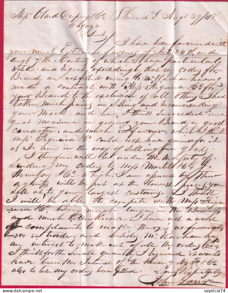 LETTRE DE PHILADELPHIE USA COLONIES ART 13 VOIE ANGLAISE TAXE 14 MODIFIEE A 19 VAPEUR CAMBRIA 1848 POUR COGNAC LETTRE - …-1845 Vorphilatelie