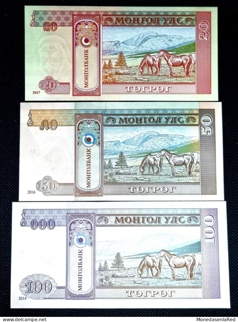 MONGOLIA LOTE BILLETES 20 - 50 - 100 TUGRIK 2014/2016/2017 SIN CIRCULAR / UNC - Mongolie