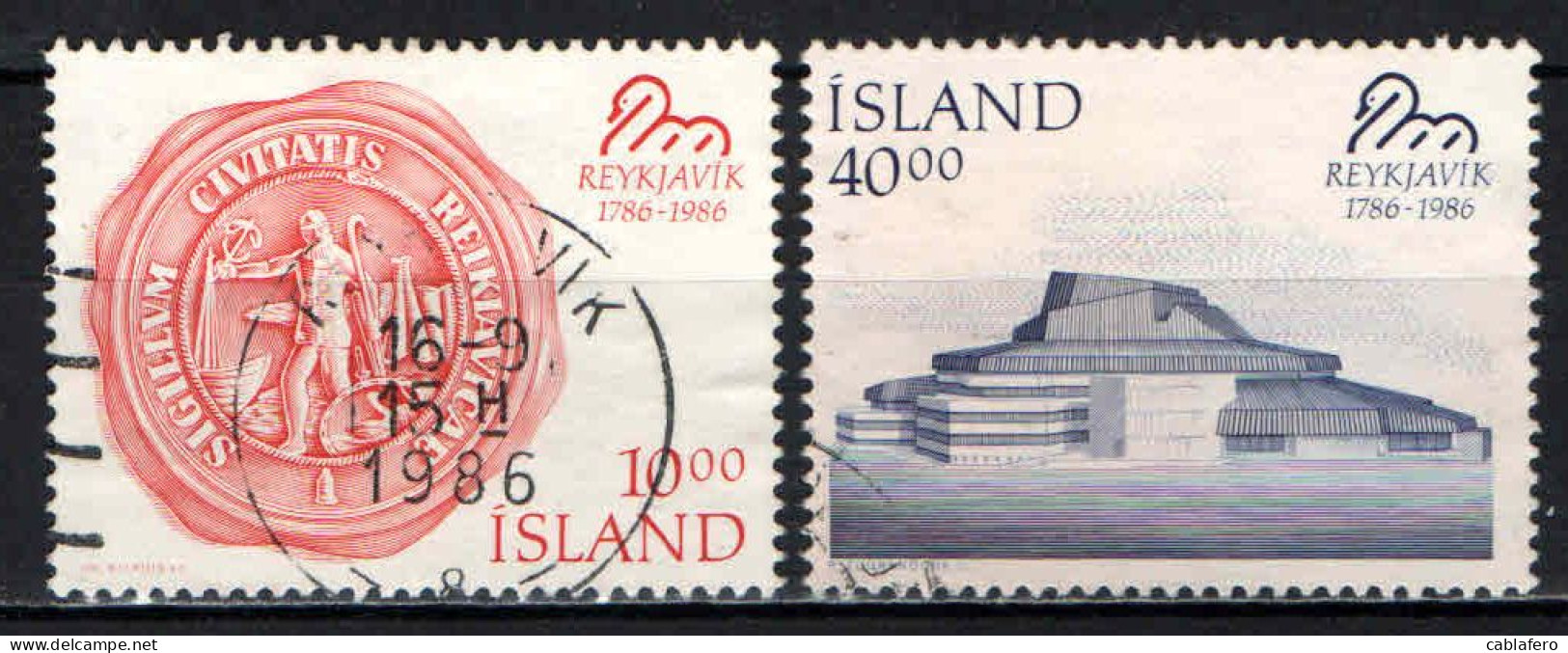 ISLANDA - 1986 - BICENTENARIO DELLA CITTA' DI REYKJAVIK - PRIMO SIGILLO DELLA CITTA' E TEATRO MUNICIPALE - USATI - Used Stamps