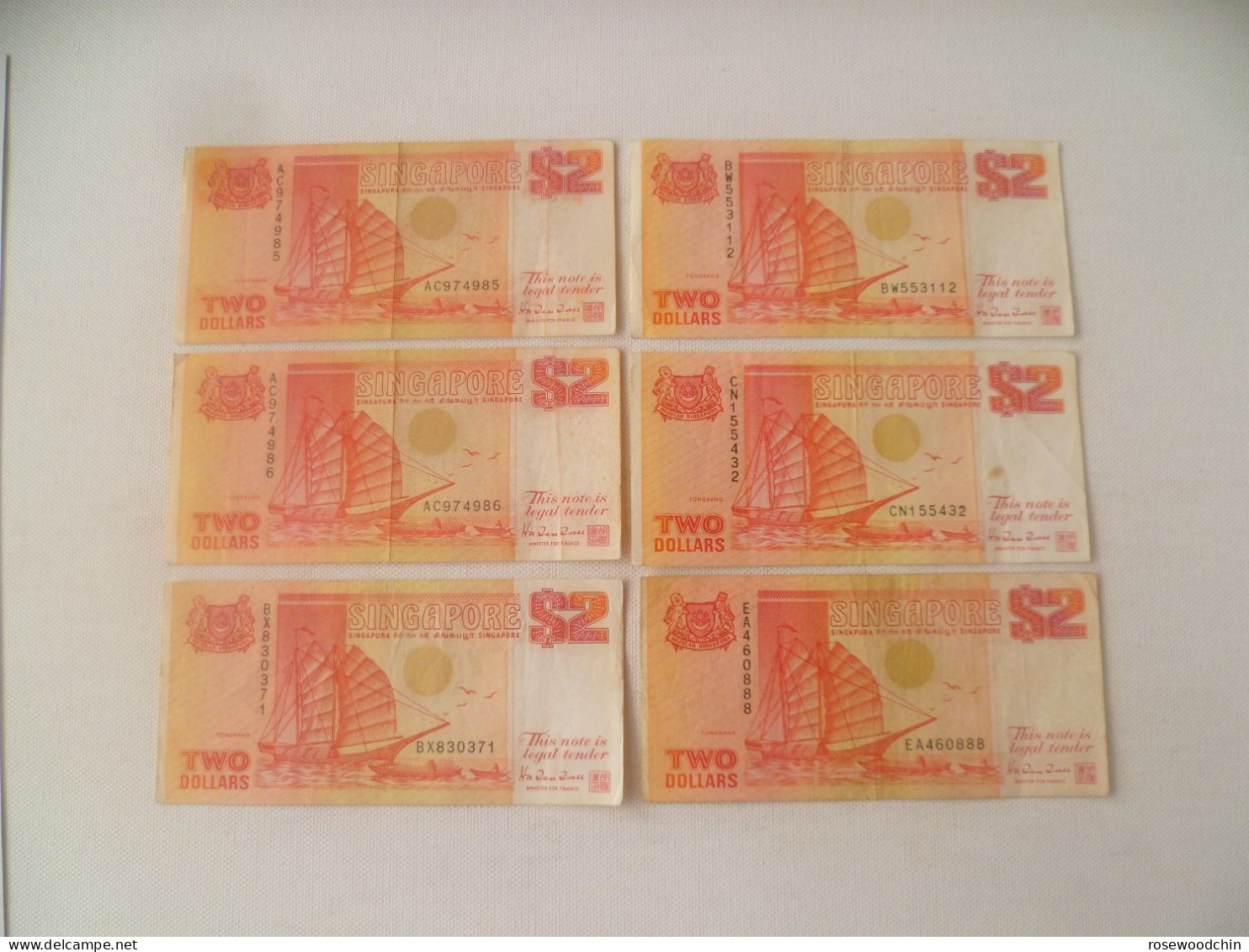 One Lot Of 6 Pcs. Singapore Old Banknote - Ship Series $2 Orange Colour (#216) - Singapur