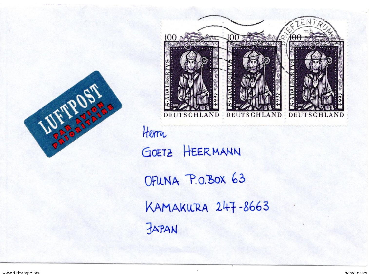 66270 - Bund - 1998 - 3@100Pfg Hl Adalbert A LpBf BRIEFZENTRUM 41 -> Japan - Lettres & Documents