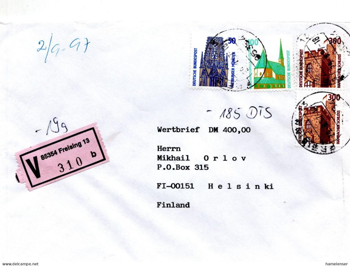 66272 - Bund - 1997 - 2@300Pfg SWK MiF A W-Bf (400DM / 19g) FREISING -> Finnland - Storia Postale