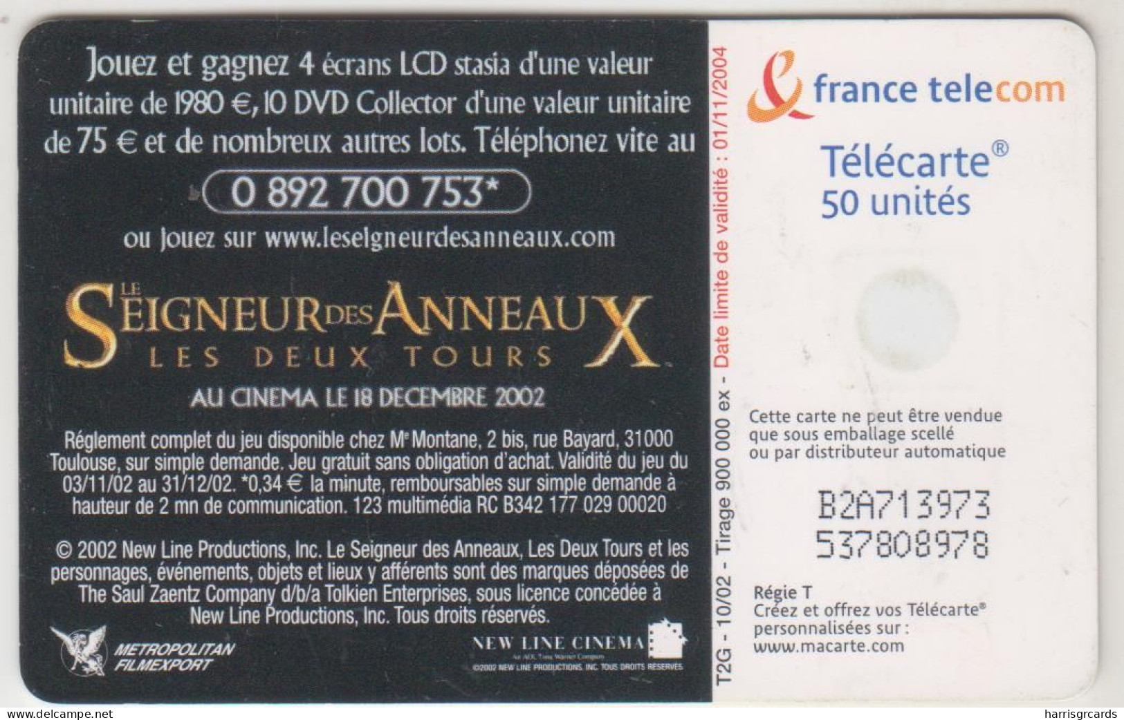 FRANCE - Lord Of The Rings The Ring, 50U , 10/02, Used - 2001