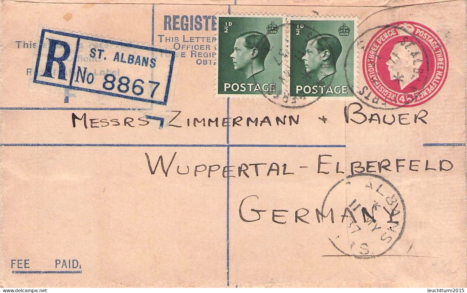 GREAT BRITAIN - REGISTERED MAIL 1937 St. ALBANS > WUPPERTAL-E. / YZ436 - Lettres & Documents