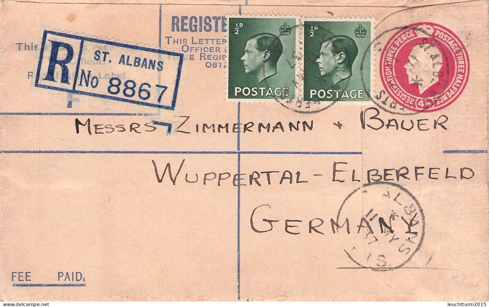 GREAT BRITAIN - REGISTERED MAIL 1937 St. ALBANS > WUPPERTAL-E. / YZ436 - Brieven En Documenten